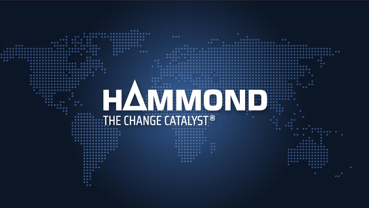 Hammond logo over global graphic with slogan - The Change Catalyst