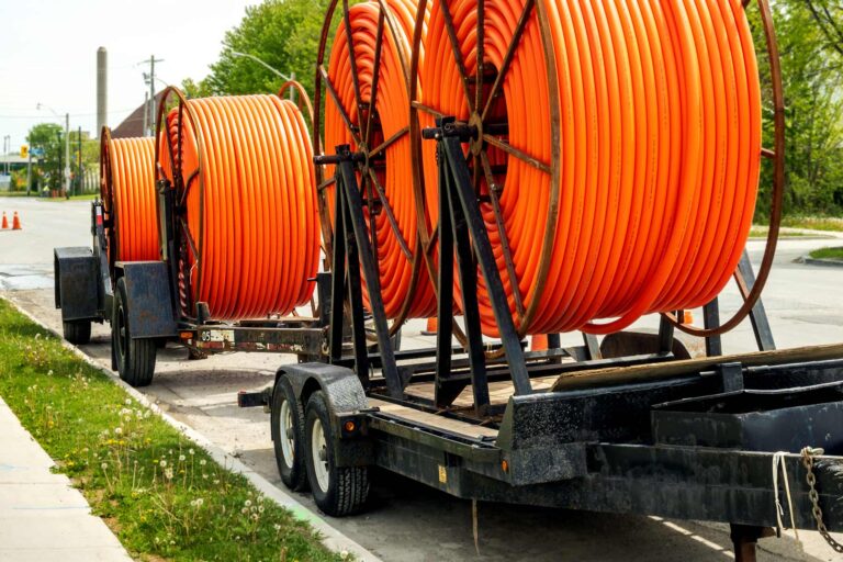Rolls of orange coated fiber optic cable on trailers.