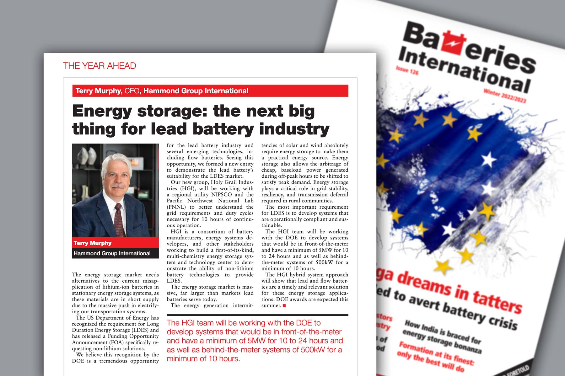 Page from Batteries International featuring commentary by Terry Murphy, CEO of Hammond Group.