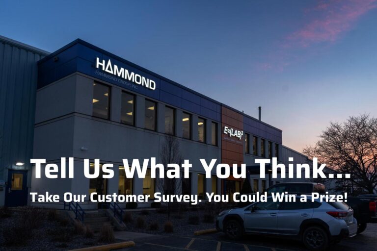 Image of Hammonds e-lab at sunset with text: Tell Us What You Think... Take our customer survey.