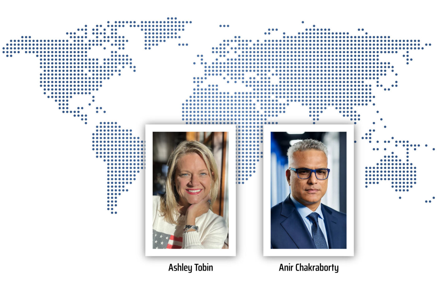 Two portraits over a stylized global map.