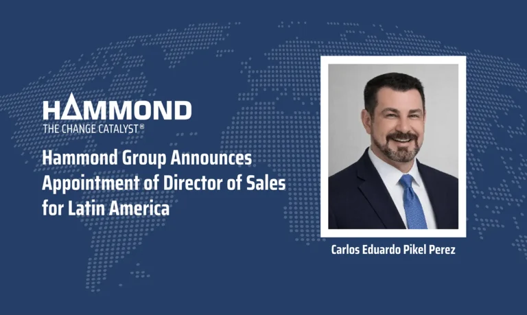 Hammond Group announces the appointment of Carlos Eduardo Pikel Perez as Director of Sales for Latin America, shown in a professional headshot against a world map background
